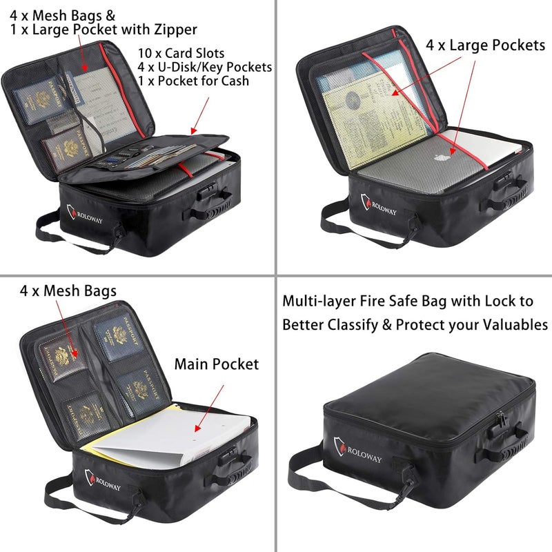 ROLOWAY Fireproof Document Bag with Lock (17 x 11.8 x 5 inch), Important Document Storage Bag with Multi-Layer File Organizers (Black) - Image 2